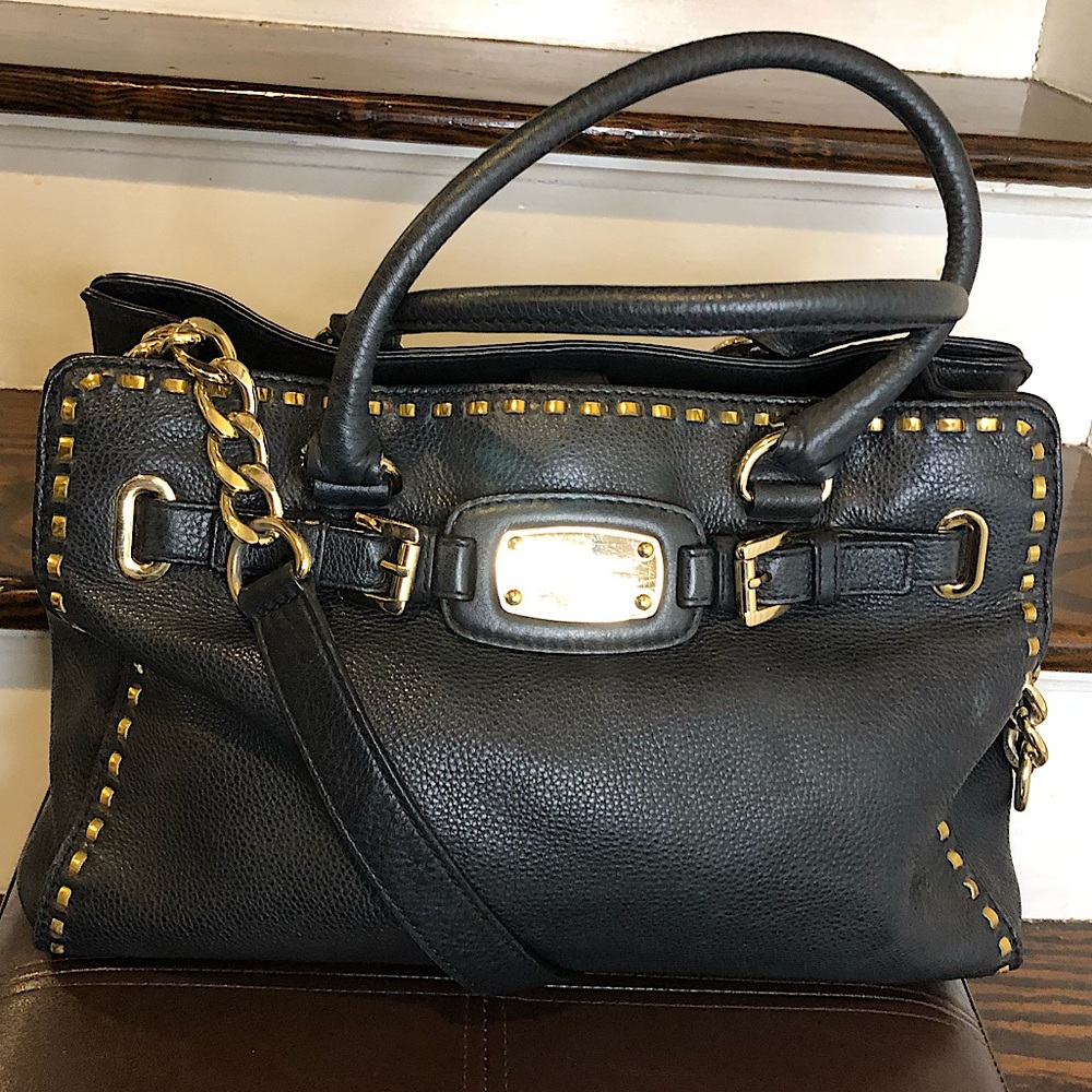 MICHAEL KORS Metal Woven Tumbled Black Leather Crossbody Satchel